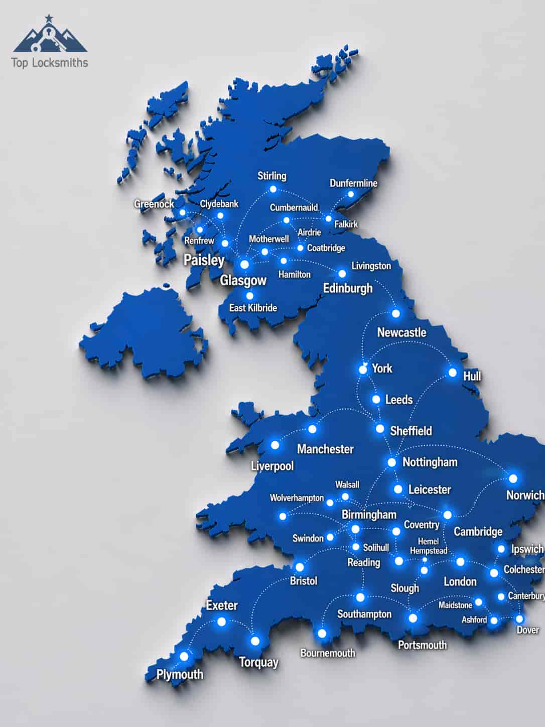 Map showing our UK local locksmith coverage areas
