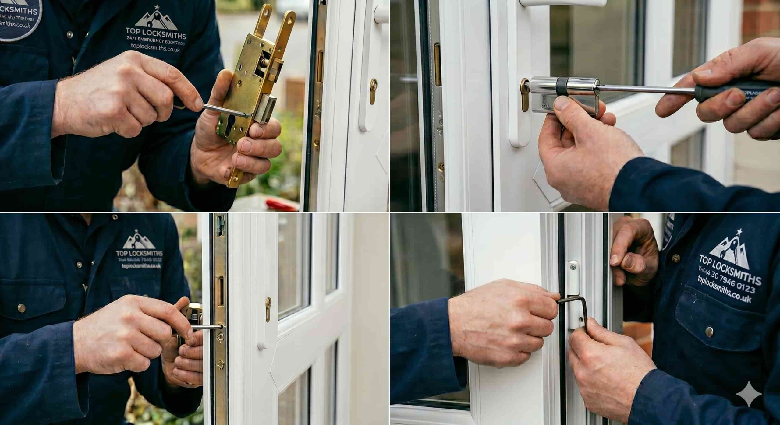 Professional local locksmith replacing a door lock